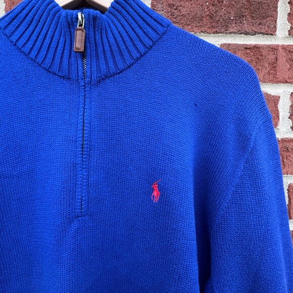 Polo Ralph Lauren 1/4 Zip Knit Sweater Mens Large Blue Mock Neck Preppy 90s Y2K - Picture 2 of 9